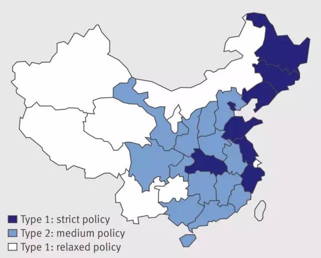 计划生育政策力度不一,颜色越深的省份越严厉.