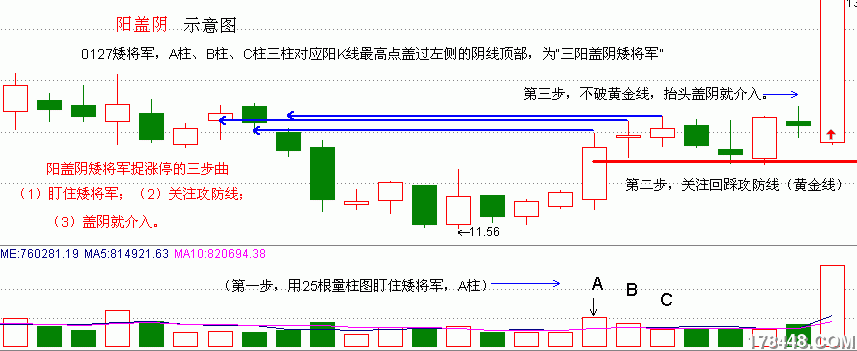 所谓"阳盖阴"是指股票下跌后开始逐步回调,在凹口底部往往会诞生"矮