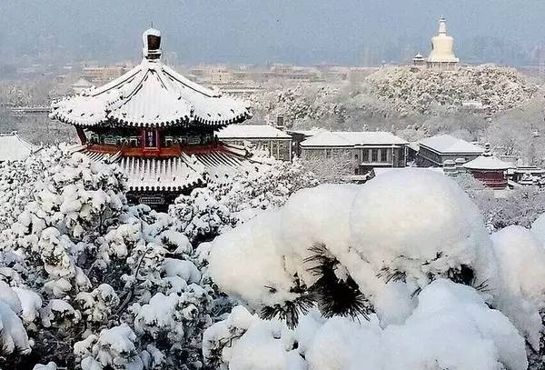 登上景山的万春亭,极目远望,故宫,国家大剧院,京城的雪中景色美不胜收