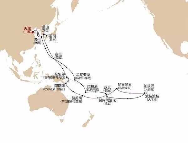 首个中国母港出发的环南太平洋航线;   2.