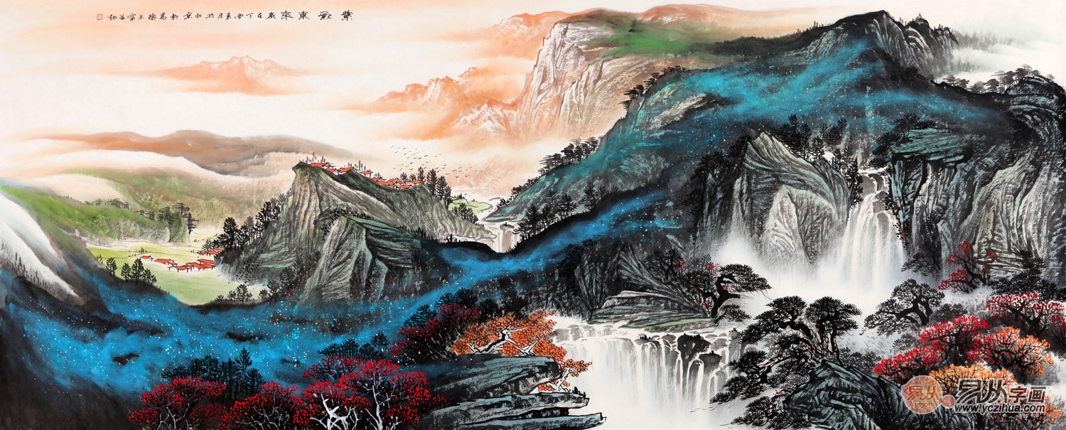 王宁八尺横幅泼墨重彩山水画作品《紫气东来》 (作品来源:易从网)