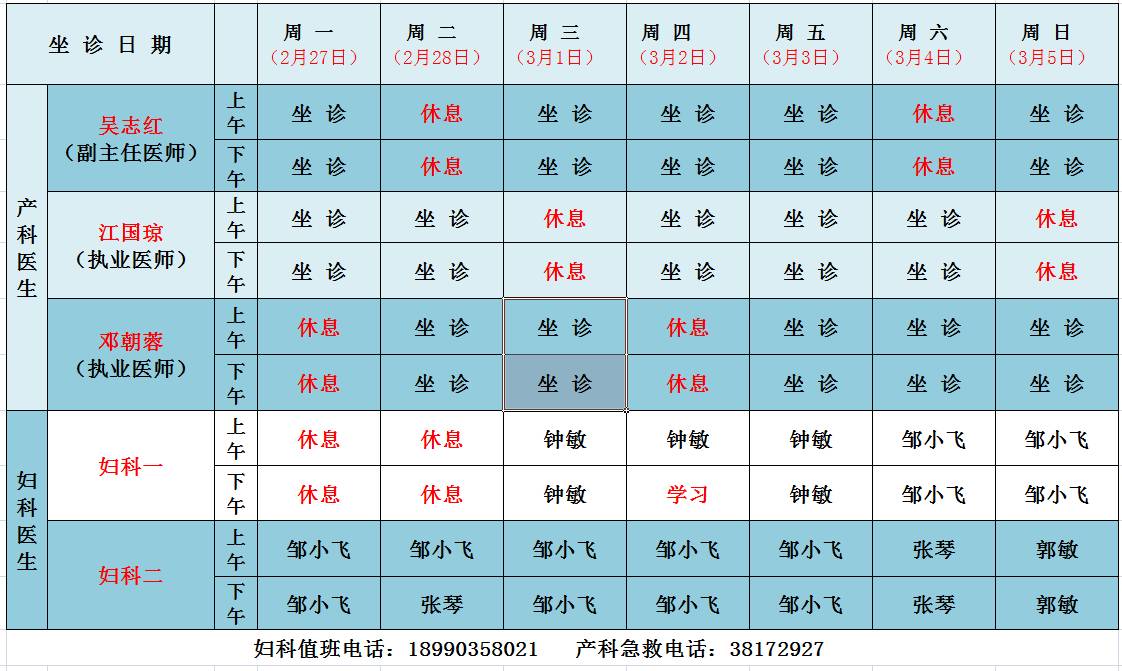 中铁医院门诊妇产科医生排班表(2017年2月27