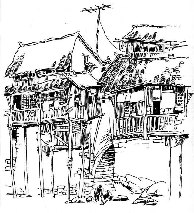 在湘西凤凰古城画了这张速写,沱江岸边的吊脚楼
