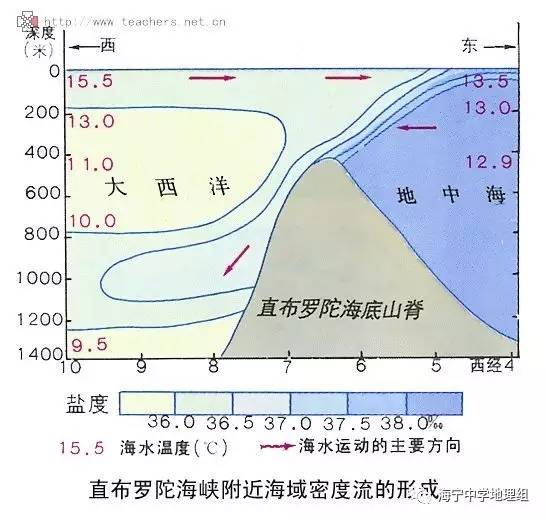 与地中海相邻的大西洋海水,盐度比地中海低,密度小,水面比地中海高.