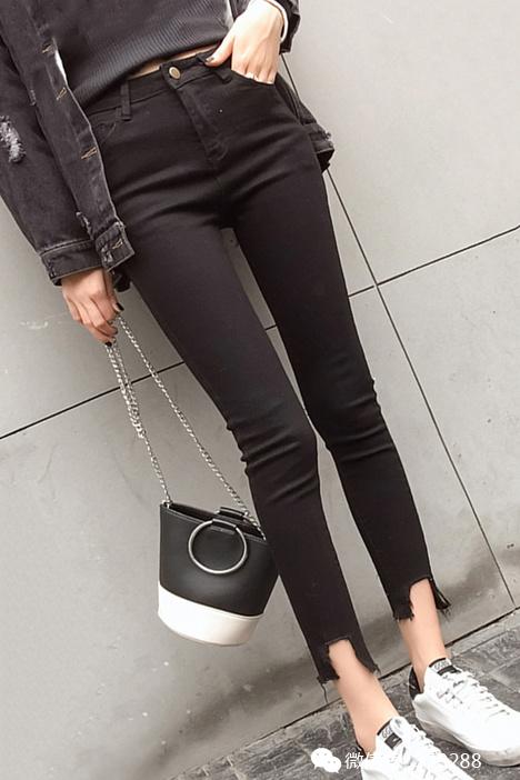 春季新款韩版黑色缺口牛仔裤女修身显瘦长裤九分小脚铅笔裤子