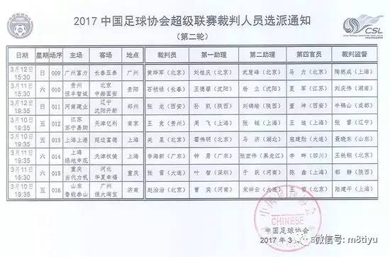 中超第二轮裁判安排:无黑晓虎赵治治吹鲁能恒