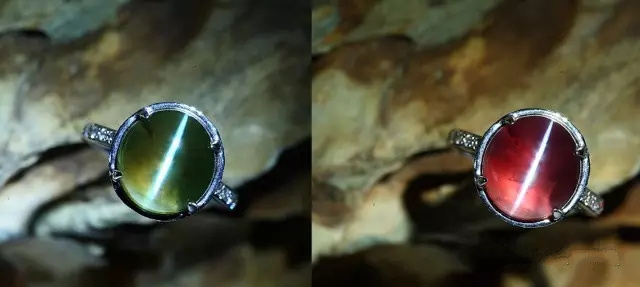 48克拉变石猫眼戒指   在白光与黄光下分别呈现绿色与红色   猫眼石