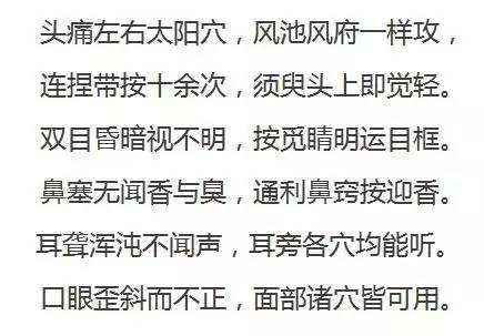 " 全身穴位治疗口诀 肚腹三里留, 腰背委中求, 头项寻列缺, 面口合谷