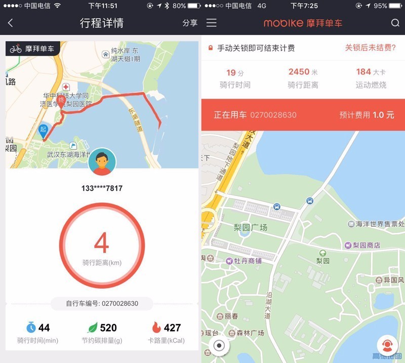 mobike app 不仅能记录骑行距离,还能记录时间和卡路里,在行程中也能