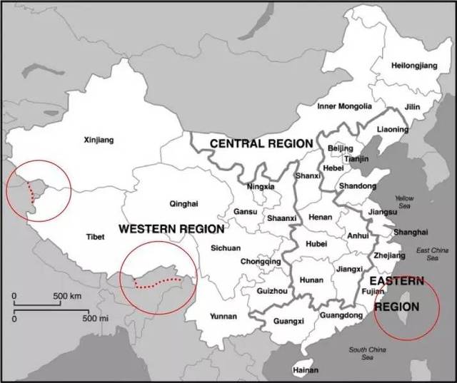 从左至右阿克赛钦,藏南,台湾省