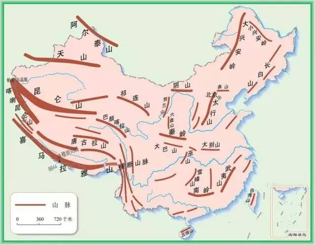 喜玛拉雅山,昆仑山,天山,唐古拉山脉,秦岭,大兴安岭,太行山,祁连山