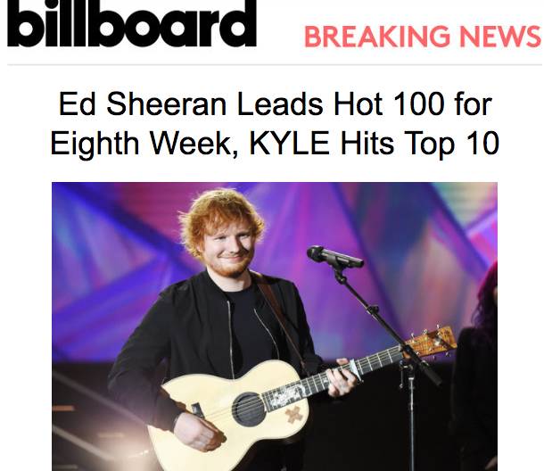 本周hot 100 ed sheeran继续领跑hot 100第八周,新专辑《÷》在bill