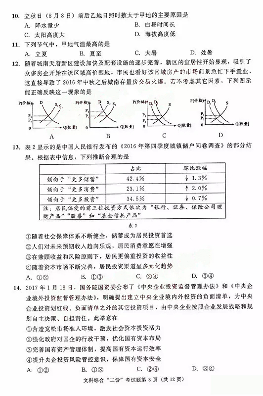 2017年成都高中二诊文科综合试题及答案