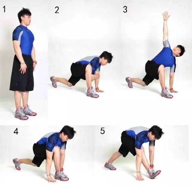 1向前迈出成弓步,该动作可以拉伸身体一侧臀肌和另一侧髋前部肌肉髂腰