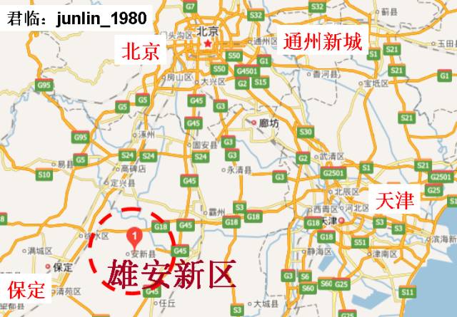 看地图,雄安新区在北京,天津和河北保定市的三角区里,起步区面积约100图片