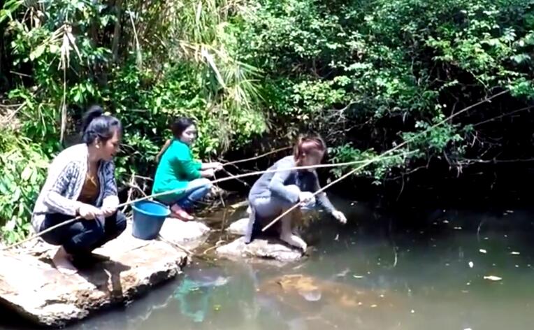 三位女子来到山间小溪边钓鱼,开始每人都钓到一条