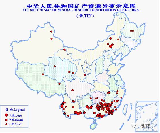 矿产地分布于15个省(区),以广西,云南两省(区)储量最多,分别占全国的