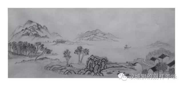 这是用铅笔绘制的山水画.