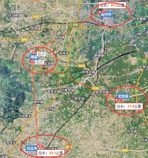 霸州,文安,任丘三地距离雄县约30公里.来源:百度地图