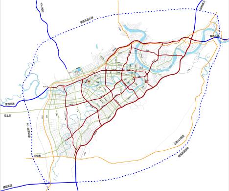 "四横"分别为:飞翔路—黄金大道—厦蓉高速,长度55km;城西大道—武陵