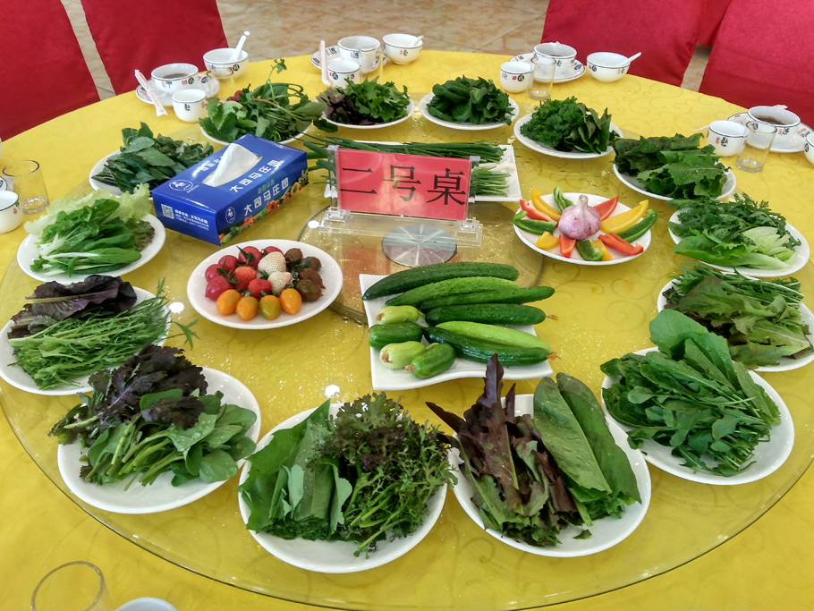 大大的一桌,几十种蔬菜水果,红的红,绿的绿,还有白的,黑的…反正是