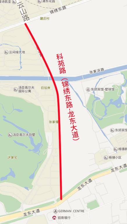 走向示意图▲ 锦绣东路至张家浜以北120米范围内的科苑路已经按照规划