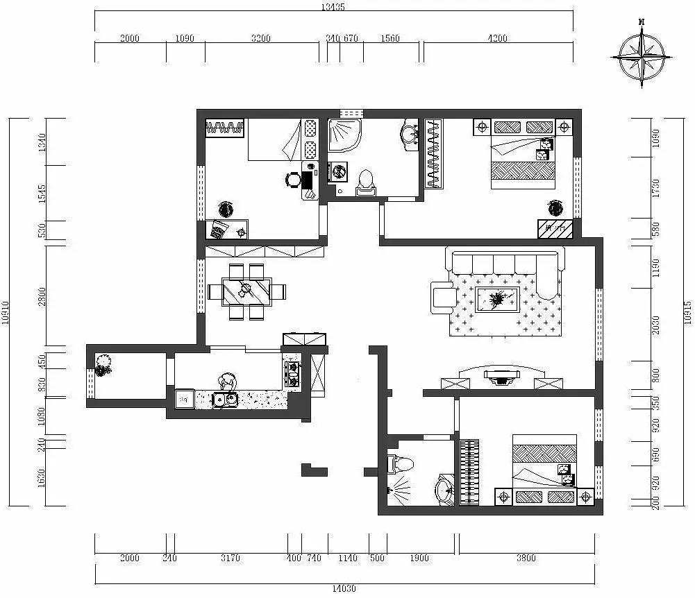 原始户型图 原始户型通透性佳,室内采光充足,布局方正,动静分区明确