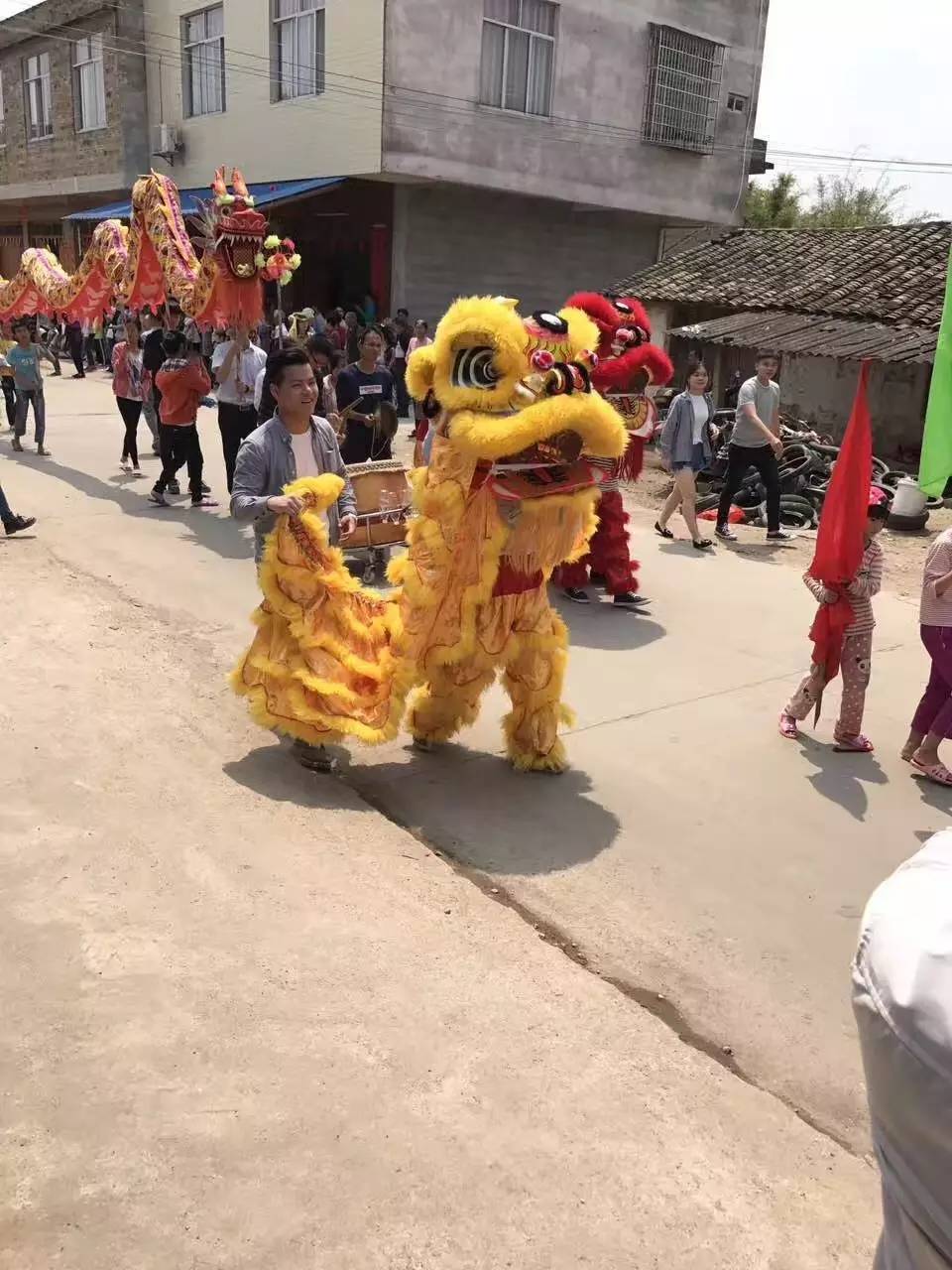 舞龙舞狮队伍敲锣打鼓,向村里挺进