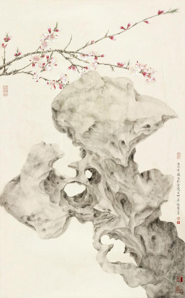 观佳艺术:工笔画作品欣赏-桃花湖石,落花飞鸟等