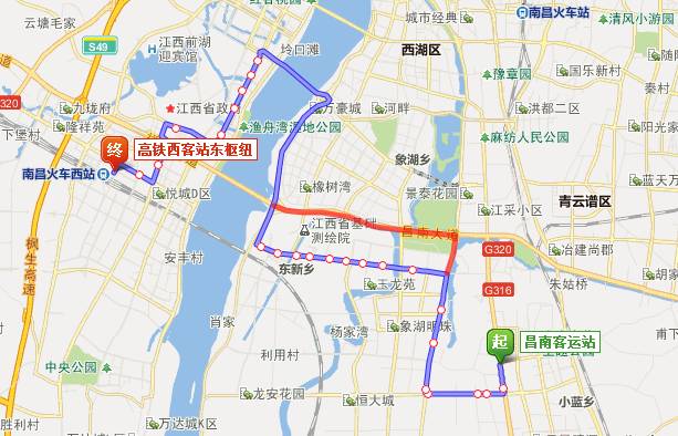 沿江快速路—昌南大道—金沙大道—汇仁大道—迎宾大道—昌南客运站