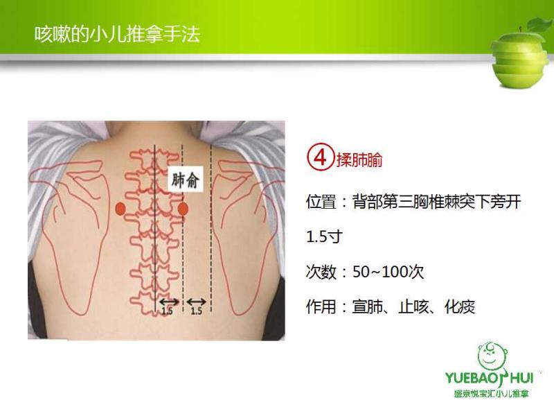 揉肺腧,位置:背部第三胸椎侧凸下旁开一条五寸.