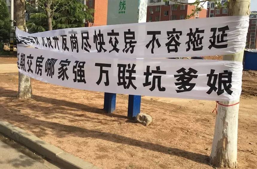 市民反映 记者来到万联国际看到 树上挂了 交房遥遥无期,恳请政府