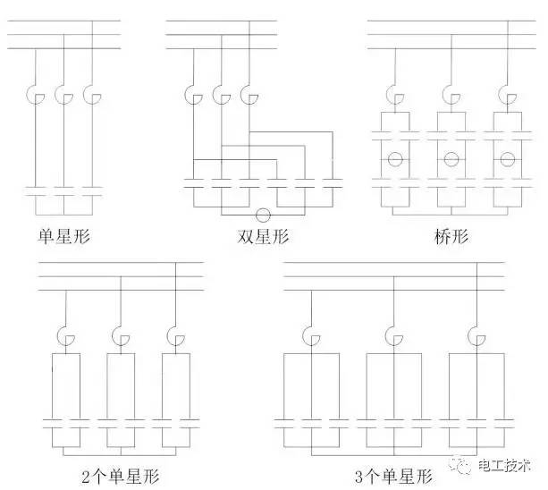 精讲电容器保护    1  电容器接线形式   主要有:单星形,桥形,双星