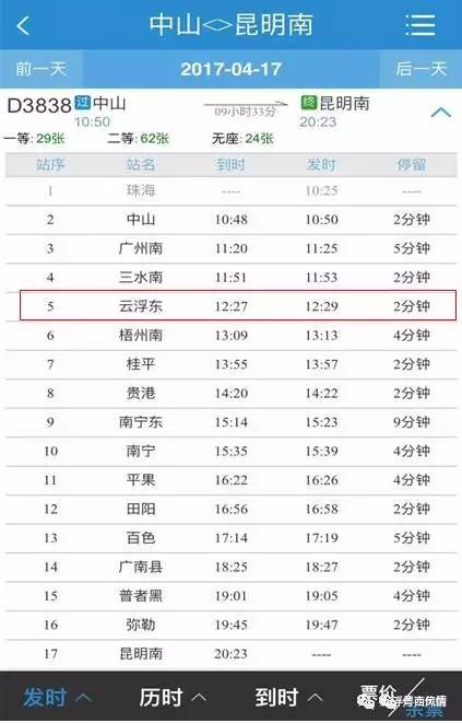 云浮东郁南直达中山附新增动车时刻表和票价