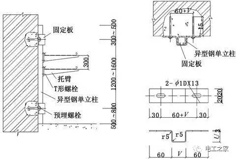 (4)电缆桥架立柱侧壁式安装:立柱是直接支承托臂的部件,分工字钢槽钢