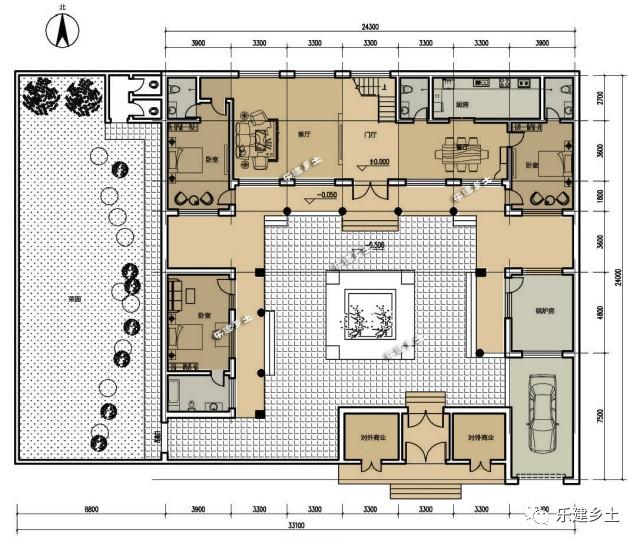 一层平面图 二层供游客居住,东西两个大卧室有独立卫生间,三个小