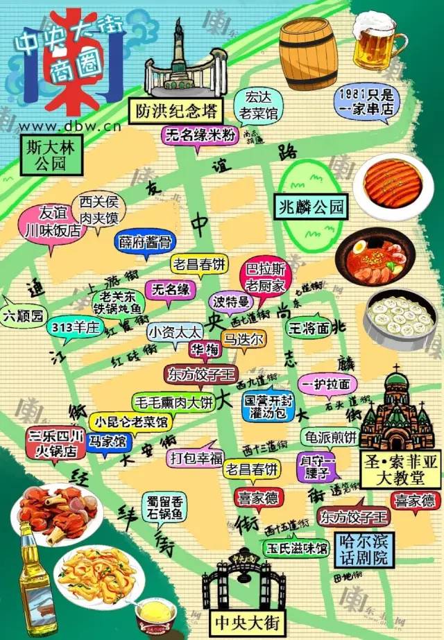 哈尔滨中央大街美食地图【手绘版】