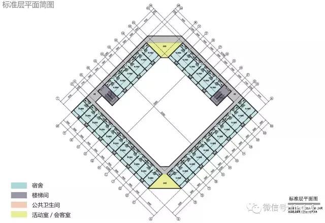 在平面形态上设计师也不忘玩出新花样:采用45度,60度的斜线布局,使