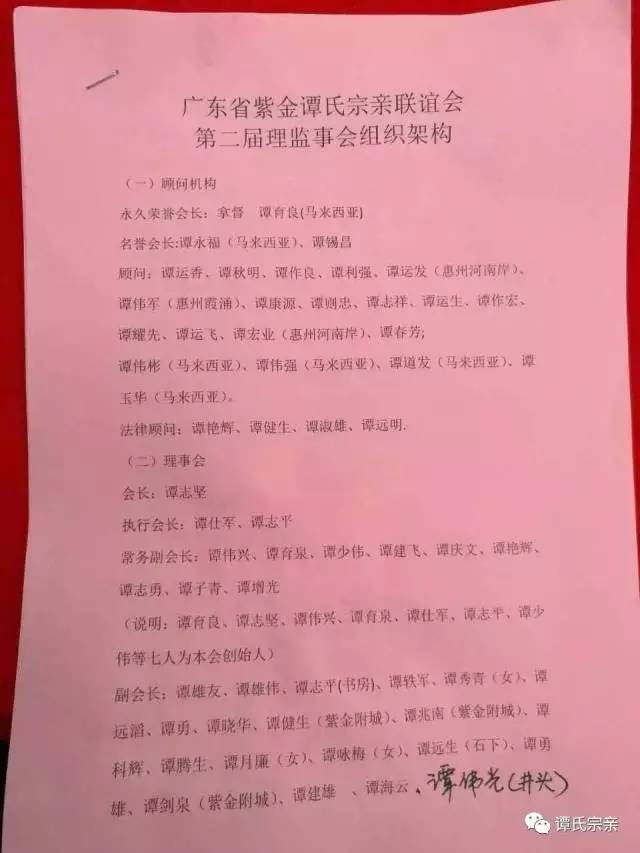 会计:谭科辉出纳:谭勇法律顾问:谭艳辉,谭健生,谭淑雄,谭远明副秘书长