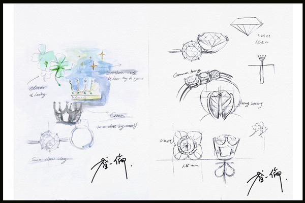 在官方曝光的这组盛一伦珠宝设计手稿来看,整体造型简约大方,即使笔法