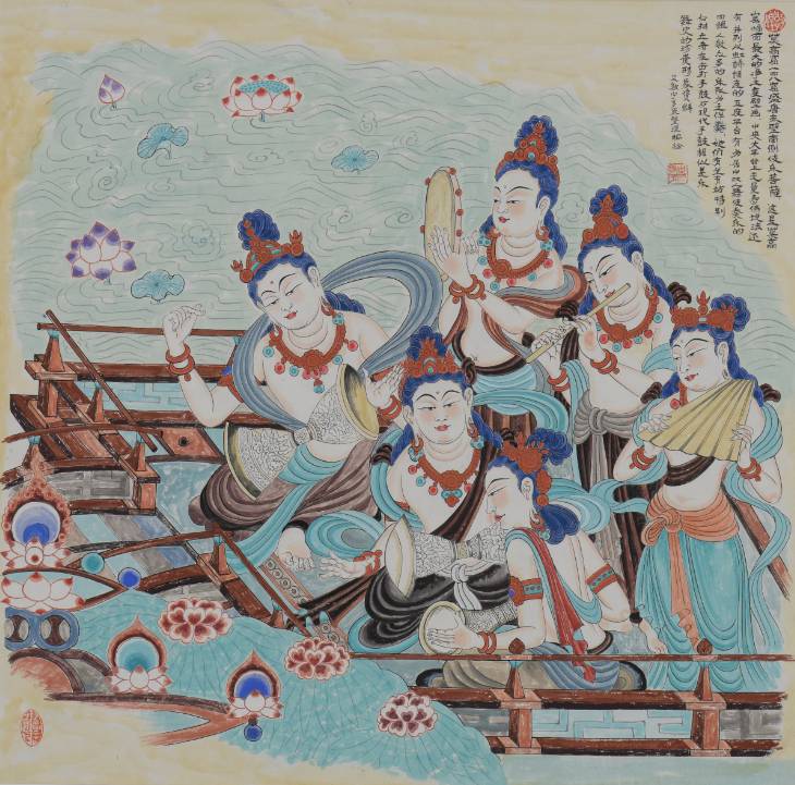 药师经变中绘有二十八人的大型乐队,乐器品类丰富,场面恢弘,整幅画面