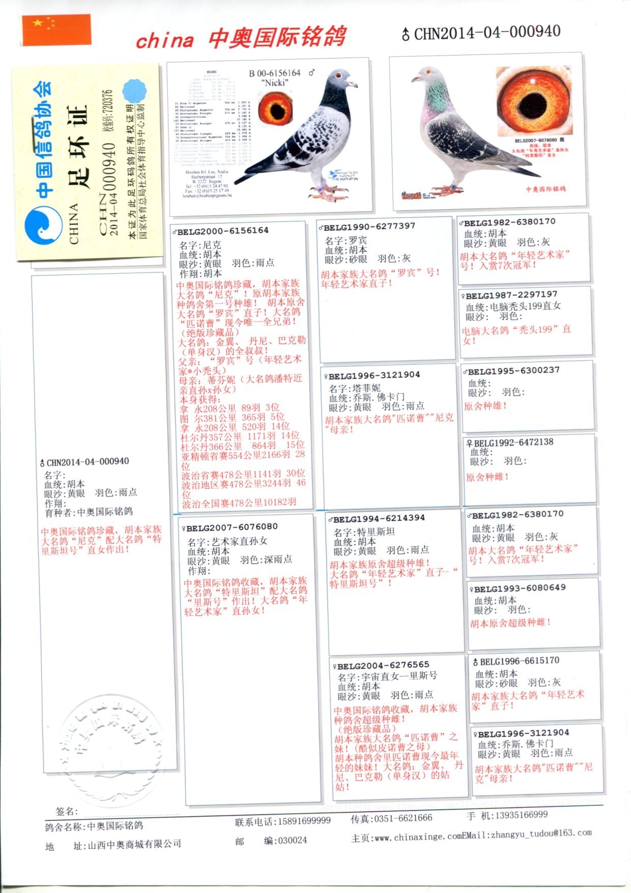 中奥国际铭鸽〗"共赢天下"第206期专场拍卖会