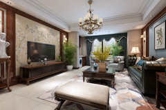 客厅区域采用简单大方的装饰,电视墙部分饰以壁纸和木材,在添加美式