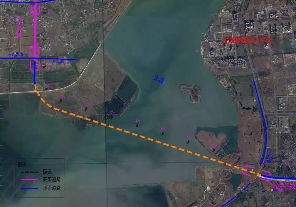 采用高架方式向南经东山大道后采用隧道方式下穿太湖,至吴江侧下穿