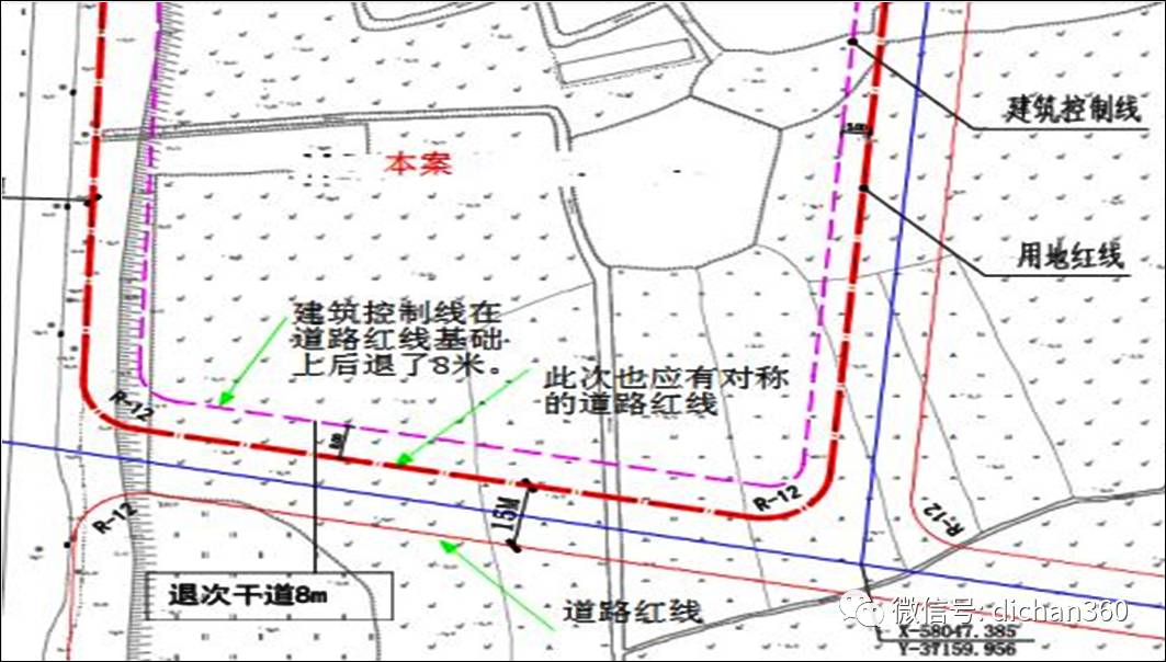 建筑控制线,用地红线,道路红线的分布示例图