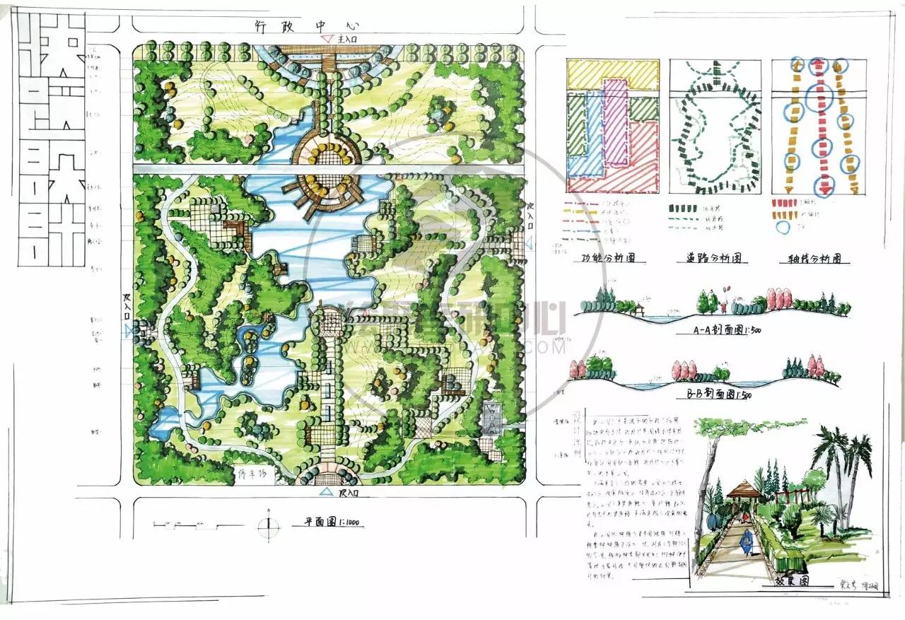 公园广场一般都是活动场地,应在其四周设计花坛,树阵,绿篱等,可与