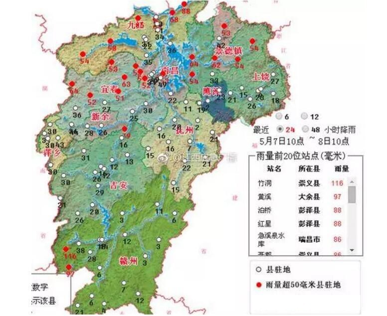其中18个县暴雨 贡江峡山站水位超警戒 据江西省防总最新消息, 5月7日