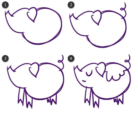 猪的身体是一个大大的卵形或者椭圆形,从头的末尾开始画一条弧线,弯曲