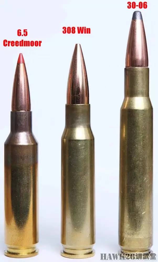 子弹对比图(从左至右):6.5mm克里德莫尔(6.5×49mm),.308温彻斯特(7.