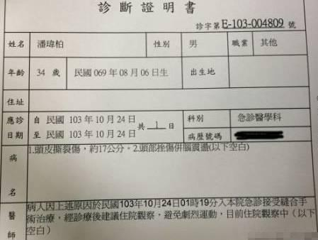 医生诊断为"头皮撕裂伤约17公分,头部挫伤并脑震荡"